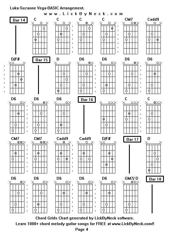 Chord Grids Chart of chord melody fingerstyle guitar song-Luka-Suzanne Vega-BASIC Arrangement,generated by LickByNeck software.